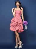 A-Line/Princess Strapless Ruched Sleeveless Short Satin Bridesmaid Dresses TPP0005671