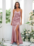 Sheath/Column Elastic Woven Satin Ruched Spaghetti Straps Sleeveless Sweep/Brush Train Bridesmaid Dresses TPP0004935