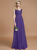 A-Line/Princess V-neck Sleeveless Ruched Floor-Length Silk like Satin Bridesmaid Dresses TPP0005430