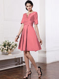 Sheath/Column V-neck Half Sleeves Pleats Taffeta Bridesmaid Dresses TPP0005658