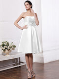 A-Line/Princess Strapless Sleeveless Pleats Hand-Made Flower Short Elastic Woven Satin Bridesmaid Dresses TPP0005843