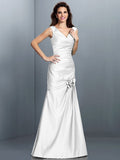 A-Line/Princess V-neck Pleats Sleeveless Long Satin Bridesmaid Dresses TPP0005497