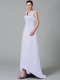 A-Line/Princess Straps Ruched Sleeveless High Low Satin Bridesmaid Dresses TPP0005525