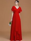 A-Line/Princess V-neck Short Sleeves Floor-Length Ruched Chiffon Bridesmaid Dresses TPP0005041