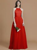 A-Line/Princess Halter Sleeveless Floor-Length Ruffles Tulle Bridesmaid Dresses TPP0005376