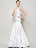 A-Line/Princess One-Shoulder Sleeveless Pleats Long Taffeta Bridesmaid Dresses TPP0005085