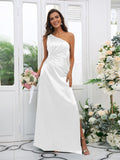 Sheath/Column Elastic Woven Satin Ruched One-Shoulder Sleeveless Floor-Length Bridesmaid Dresses TPP0004908