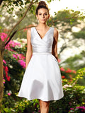 A-Line/Princess V-neck Ruched Sleeveless Short Satin Bridesmaid Dresses TPP0005404