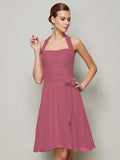 A-Line/Princess Halter Sleeveless Pleats Bowknot Short Chiffon Bridesmaid Dresses TPP0005094