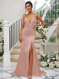 Sheath/Column Silk like Satin Ruched V-neck Sleeveless Sweep/Brush Train Bridesmaid Dresses TPP0004907