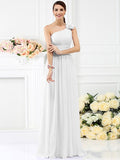 A-Line/Princess One-Shoulder Pleats Hand-Made Flower Sleeveless Long Chiffon Bridesmaid Dresses TPP0005131