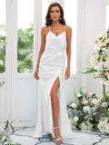 Sheath/Column Elastic Woven Satin Ruched Spaghetti Straps Sleeveless Sweep/Brush Train Bridesmaid Dresses TPP0004935