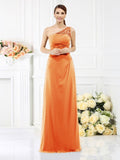 Sheath/Column One-Shoulder Sleeveless Long Satin Bridesmaid Dresses TPP0005457