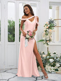 Sheath/Column Charmeuse Ruched Off-the-Shoulder Sleeveless Sweep/Brush Train Bridesmaid Dresses TPP0004898