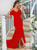 Trumpet/Mermaid Jersey Ruffles V-neck Sleeveless Asymmetrical Bridesmaid Dresses TPP0004937