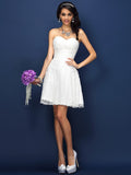 A-Line/Princess Sweetheart Lace Pleats Sleeveless Short Satin Bridesmaid Dresses TPP0005420