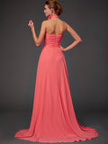 A-Line/Princess Halter Sleeveless Hand-Made Flower Long Chiffon Bridesmaid Dresses TPP0004909