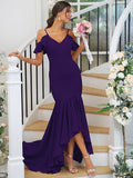 Trumpet/Mermaid Jersey Ruffles V-neck Sleeveless Asymmetrical Bridesmaid Dresses TPP0004937