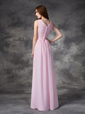 A-line/Princess V-neck Hand-Made Flower Sleeveless Long Chiffon Bridesmaid Dresses TPP0005784