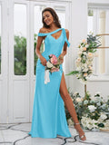 Sheath/Column Charmeuse Ruched Off-the-Shoulder Sleeveless Sweep/Brush Train Bridesmaid Dresses TPP0004898