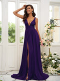 A-Line/Princess Jersey Ruffles V-neck Sleeveless Sweep/Brush Train Bridesmaid Dresses TPP0004896