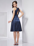 A-Line/Princess Scoop Sleeveless Pleats Short Elastic Woven Satin Bridesmaid Dresses TPP0005103