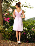 A-Line/Princess V-neck Pleats Sleeveless Short Satin Bridesmaid Dresses TPP0005672