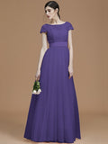 A-Line/Princess Bateau Short Sleeves Floor-Length Sash/Ribbon/Belt Tulle Bridesmaid Dresses TPP0005494