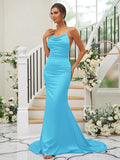 Sheath/Column Charmeuse Ruched Square Sleeveless Sweep/Brush Train Bridesmaid Dresses TPP0004912