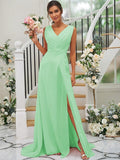 A-Line/Princess Chiffon Ruched V-neck Sleeveless Sweep/Brush Train Bridesmaid Dresses TPP0004916