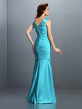 A-Line/Princess V-neck Pleats Sleeveless Long Satin Bridesmaid Dresses TPP0005497