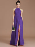 A-Line/Princess Halter Sleeveless Ruched Floor-Length Chiffon Bridesmaid Dresses TPP0005060