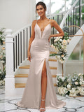 Sheath/Column Silk like Satin Ruched V-neck Sleeveless Sweep/Brush Train Bridesmaid Dresses TPP0004907