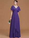 A-Line/Princess V-neck Short Sleeves Floor-Length Ruched Chiffon Bridesmaid Dresses TPP0005041