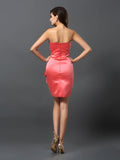 Sheath/Column Strapless Ruched Sleeveless Short Satin Bridesmaid Dresses TPP0005761