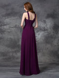 A-line/Princess Straps Ruched Sleeveless Long Chiffon Bridesmaid Dresses TPP0005379