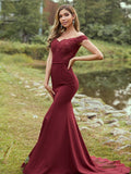 Sheath/Column Stretch Crepe Applique Off-the-Shoulder Sleeveless Sweep/Brush Train Bridesmaid Dresses TPP0004931