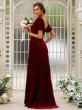 A-Line/Princess Velvet Ruched V-neck Short Sleeves Sweep/Brush Train Bridesmaid Dresses TPP0004940