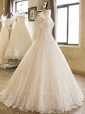 Ball Gown 1/2 Sleeves Off-the-Shoulder Floor-Length Applique Lace Tulle Wedding Dresses TPP0006322