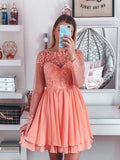 A-Line/Princess Bateau Long Sleeves Short/Mini Applique Chiffon Homecoming Dresses TPP0004687