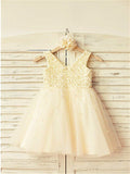 A-line/Princess V-neck Sleeveless Pearls Tea-Length Tulle Flower Girl Dresses TPP0007688