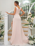 A-Line/Princess Chiffon Ruched V-neck Sleeveless Sweep/Brush Train Bridesmaid Dresses TPP0004916