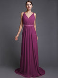 A-Line/Princess V-neck Sleeveless Long Ruffles Chiffon Bridesmaid Dresses TPP0005515