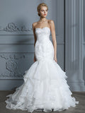 Trumpet/Mermaid Sweetheart Sleeveless Ruffles Sweep/Brush Train Organza Wedding Dresses TPP0006298