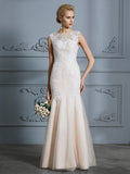 Trumpet/Mermaid Scoop Sleeveless Tulle Applique Floor-Length Wedding Dresses TPP0006351