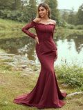 Sheath/Column Stretch Crepe Applique Off-the-Shoulder Long Sleeves Sweep/Brush Train Bridesmaid Dresses TPP0004985