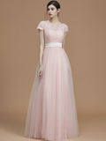 A-Line/Princess Bateau Short Sleeves Floor-Length Sash/Ribbon/Belt Tulle Bridesmaid Dresses TPP0005494