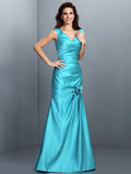 A-Line/Princess V-neck Pleats Sleeveless Long Satin Bridesmaid Dresses TPP0005497