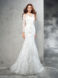 Sheath/Column Sheer Neck Lace Long Sleeves Long Net Wedding Dresses TPP0006518