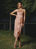 Sheath/Column Charmeuse Ruffles Strapless Sleeveless Tea-Length Bridesmaid Dresses TPP0004995